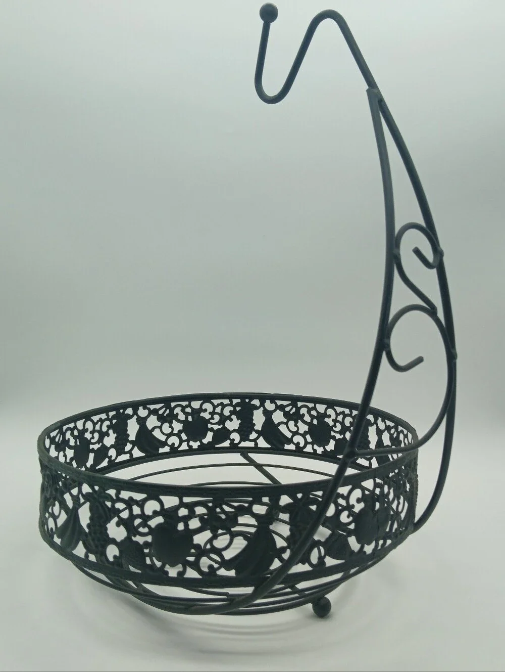 Ornate Fruit Basket with Banana Tree Hanger | Round Metal Fruit Storage Bowl
